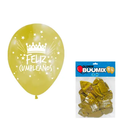 GLOBO DE LATEX CORONA FELIZ CUMPLEAÑOS R12X10 DORADO (PQTX12)