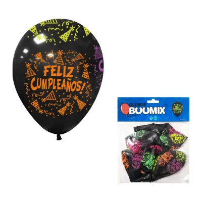 GLOBO DE LATEX FELIZ CUMPLEAÑOS NEGRO NEON R12X6 (PQTX12)