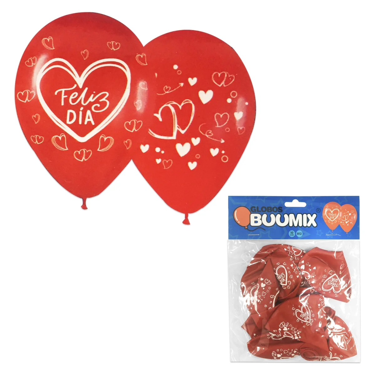 GLOBO DE LATEX CORAZON FELIZ DIA R12 X10 ROJO (PQTX12)