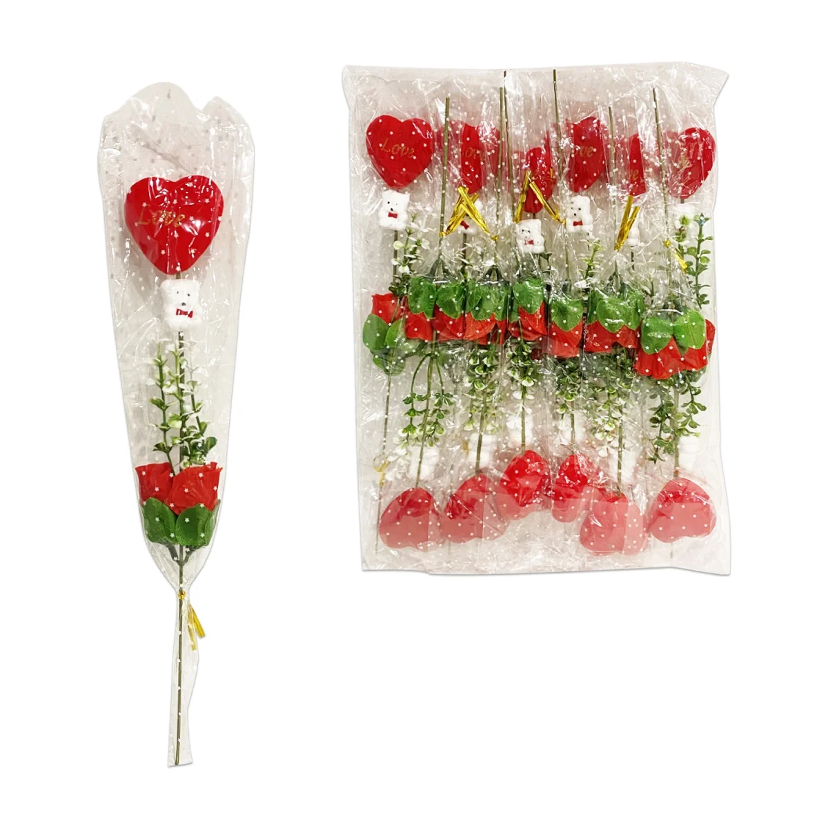 ROSA ARTIFICIAL CON CORAZON Y OSO EN BOLSA 30CM (PQTX12)