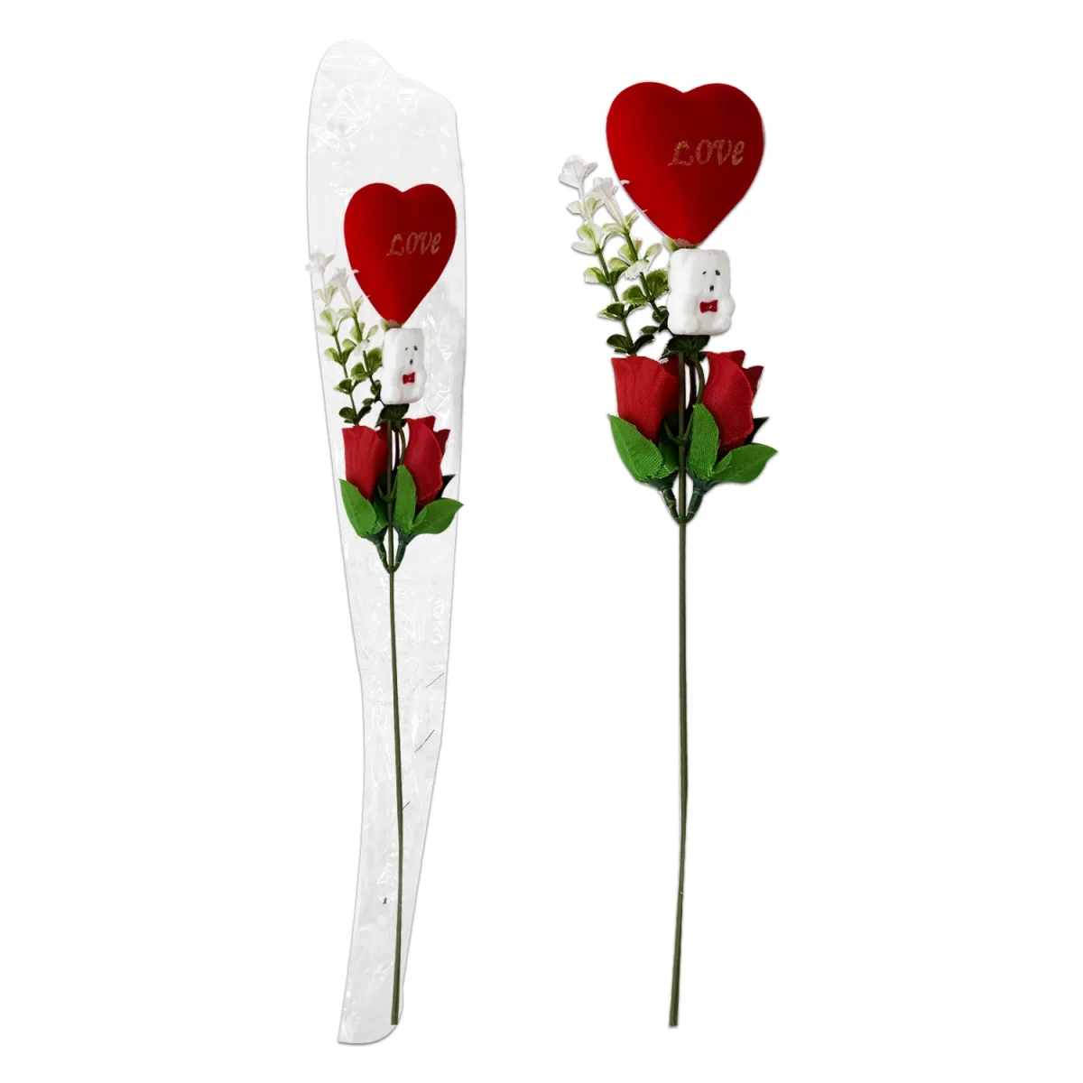 ROSA ARTIFICIAL CON CORAZON Y OSO EN BOLSA 30CM (PQTX12)