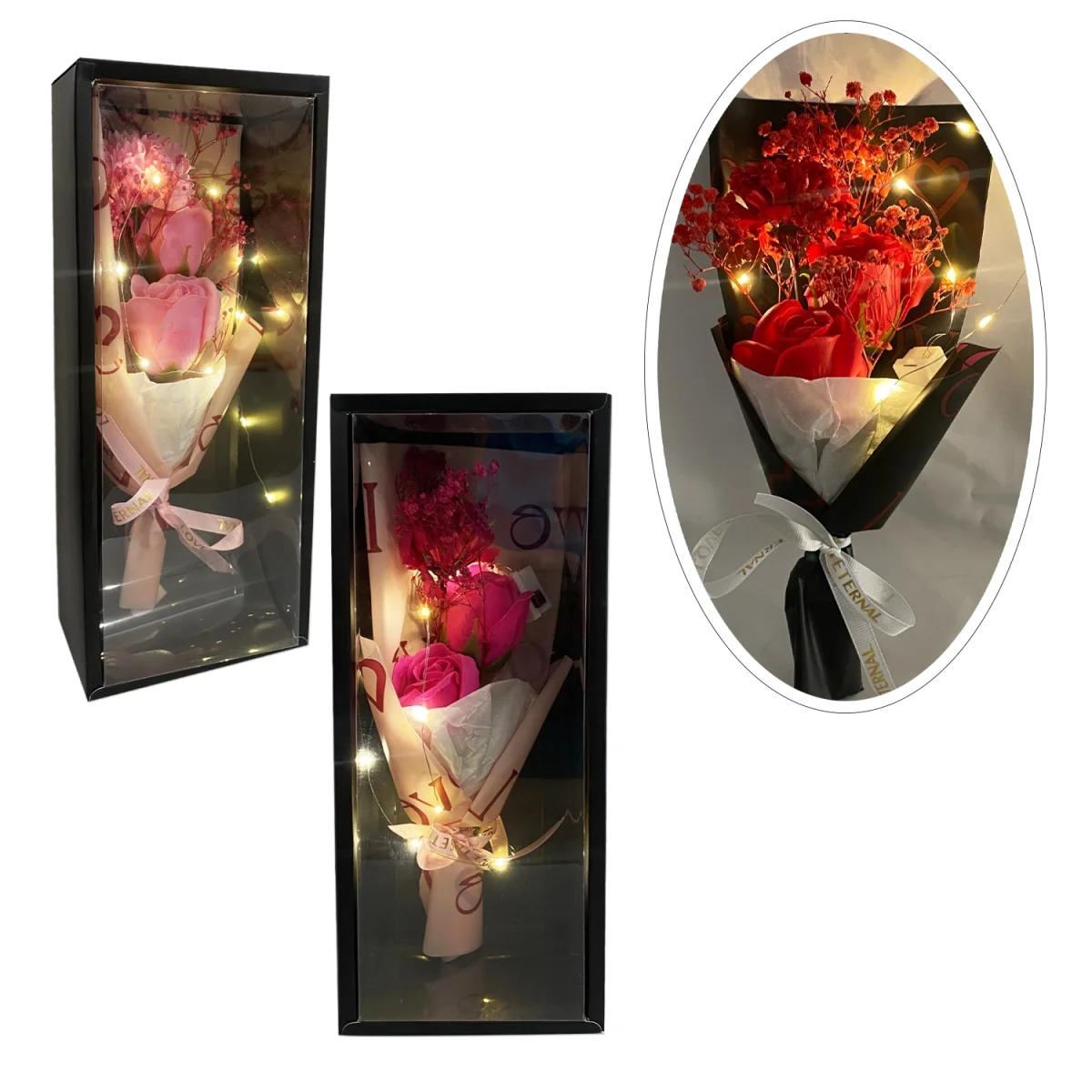 RAMO ROSAS ARTIFICIALES CON LUZ EN CAJA,