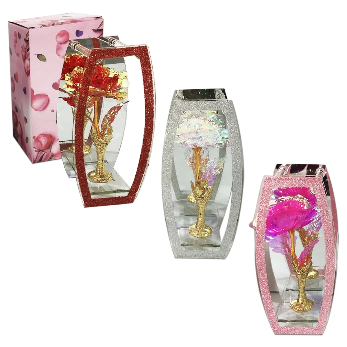 ROSA ARTIFICIAL BRILLANTE EN VIDRIO DECORATIVO