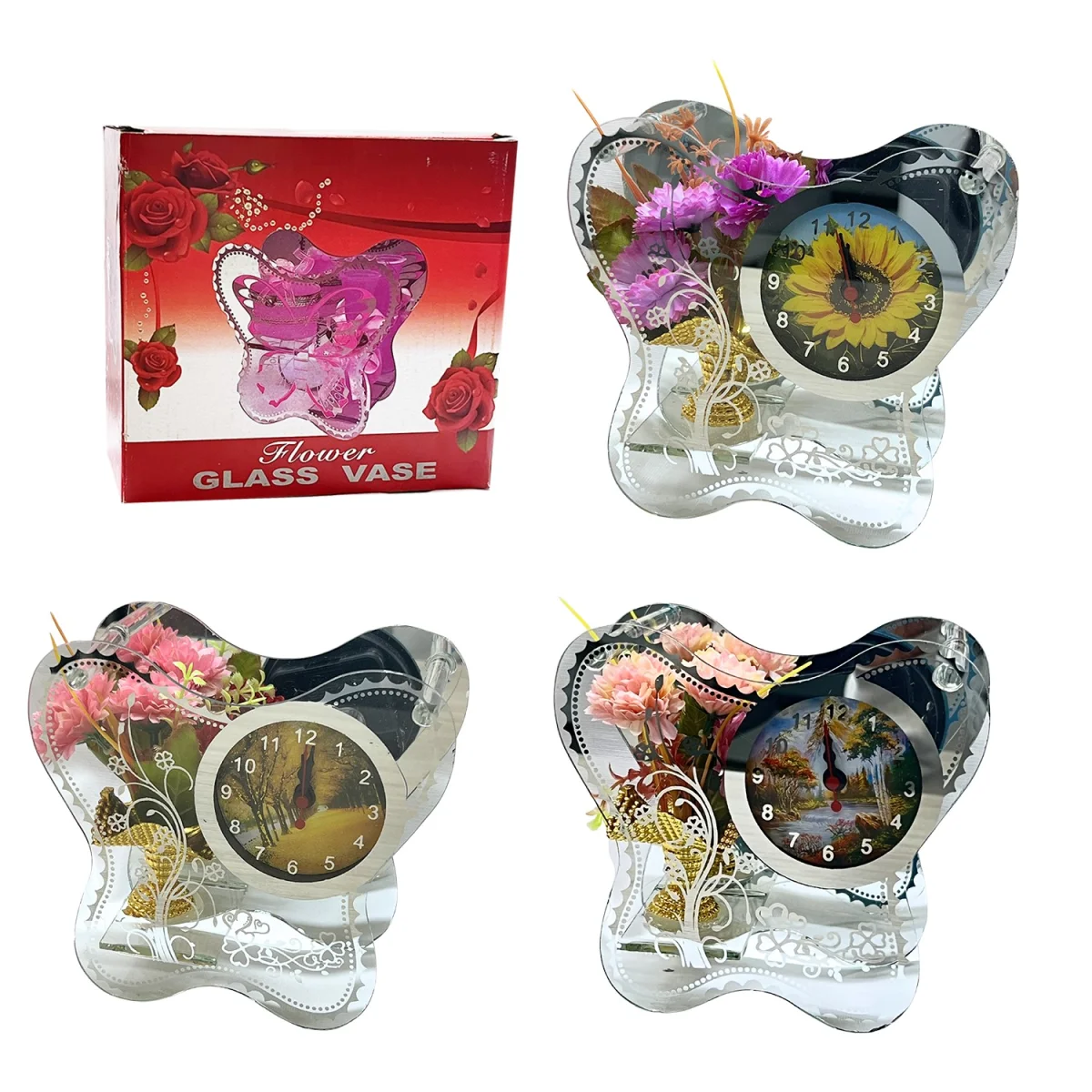 ROSAS ARTIFICIALES CON RELOJ EN VIDRIO MARIPOSA