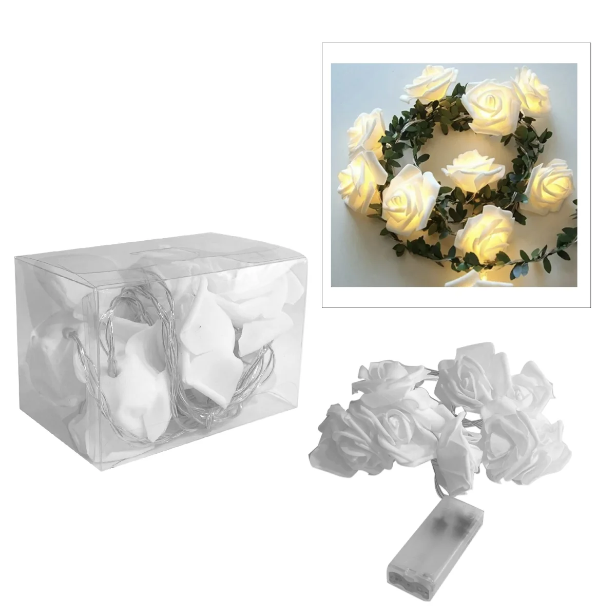 TIRA DE ROSAS BLANCAS CON LUZ 2M (PILA)