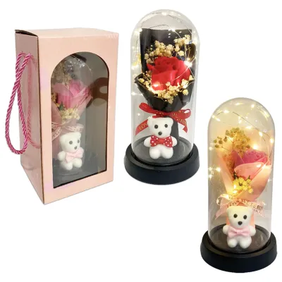 RAMO ROSA ARTIFICIAL CON OSO Y LUZ ENCAPSULADA (PILAS)