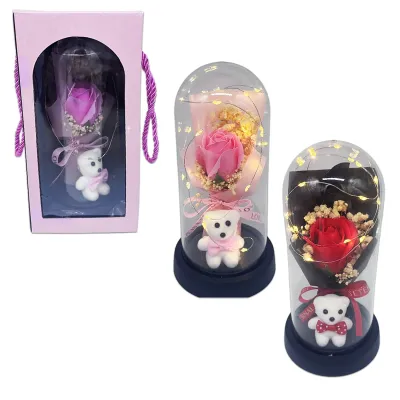 RAMO ROSA ARTIFICIAL CON OSO Y LUZ ENCAPSULADA