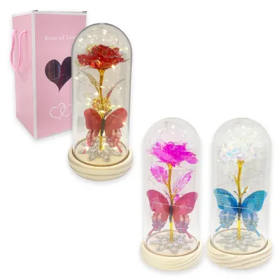 ROSA BRILLANTE CON MARIPOSA Y LUZ ENCAPSULADA