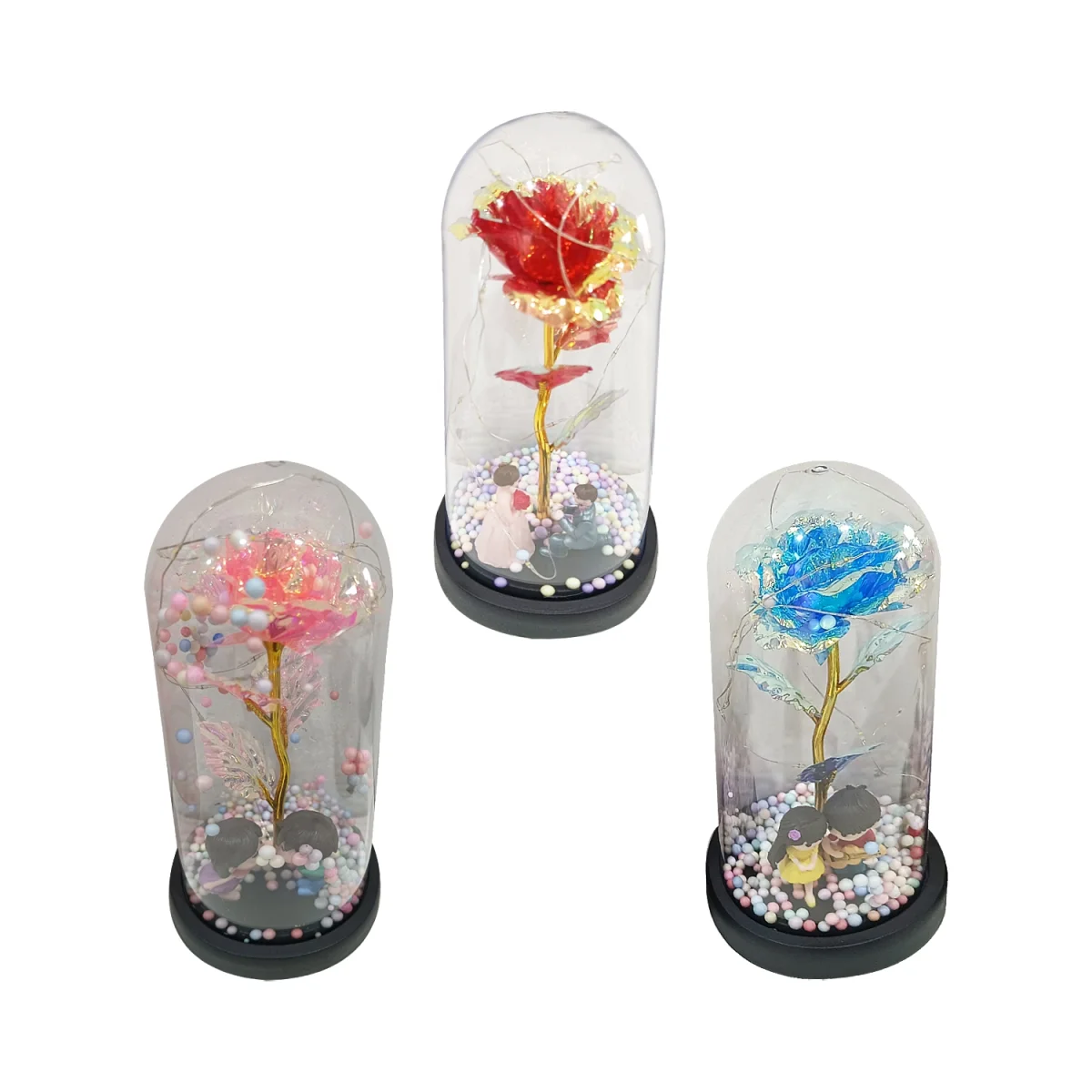 ROSA BRILLANTE ENCAPSULADA CON NOVIOS Y LUZ (PILAS)