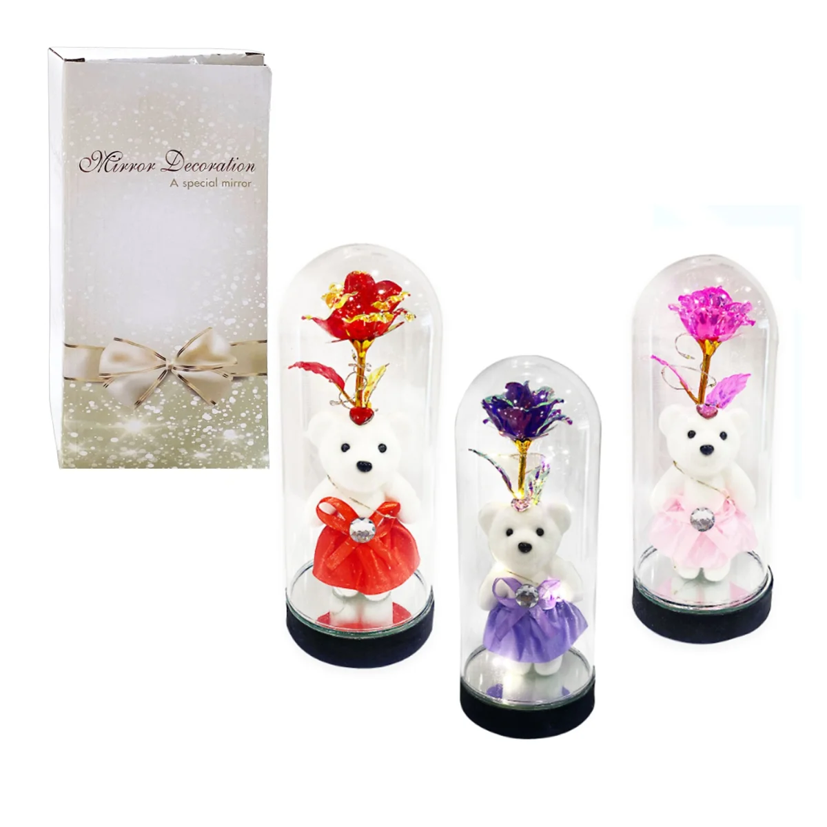 ROSA BRILLANTE CON OSO Y LUZ ENCAPSULADA