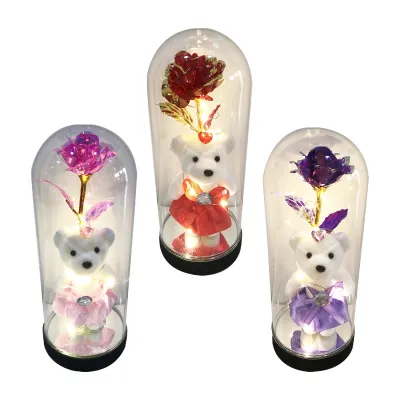 ROSA BRILLANTE CON OSO Y LUZ ENCAPSULADA