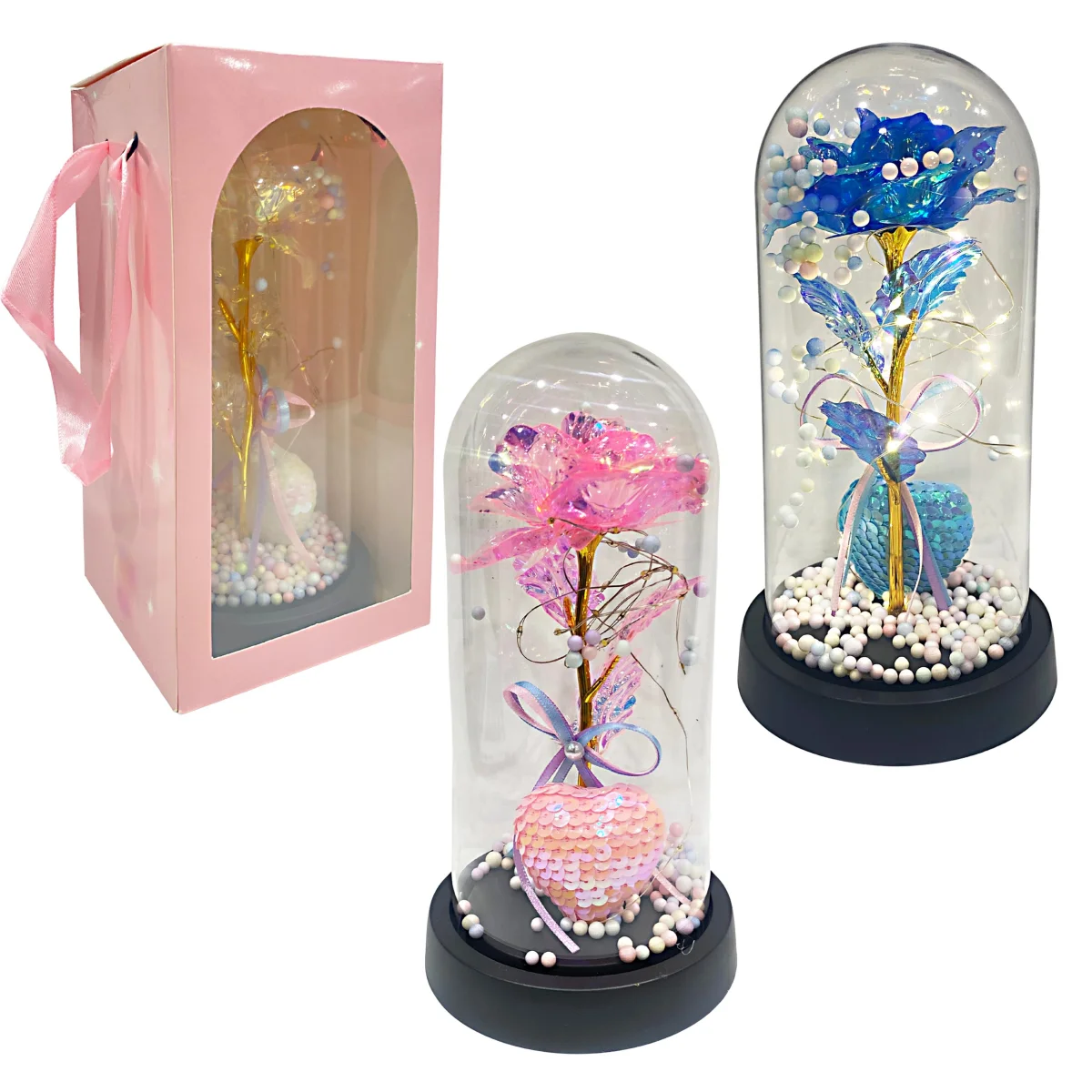 ROSA Y CORAZON BRILLANTE CON LUZ ENCAPSULADA