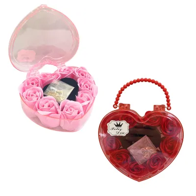 ROSAS ARTIFICIALES X9 CON COLLAR EN CAJA CORAZON