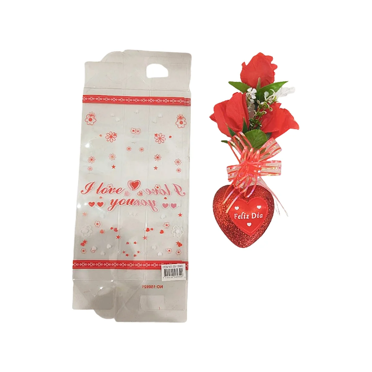 RAMO ROSAS ARTIFICIALES CON CORAZON EN ACETATO,