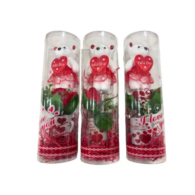 ROSA ARTIFICIAL CON VASO Y OSO EN ACETATO (CJX6)