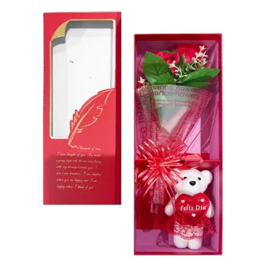 RAMO ROSAS ARTIFICIALES CON OSO EN CAJA DECORATIVA
