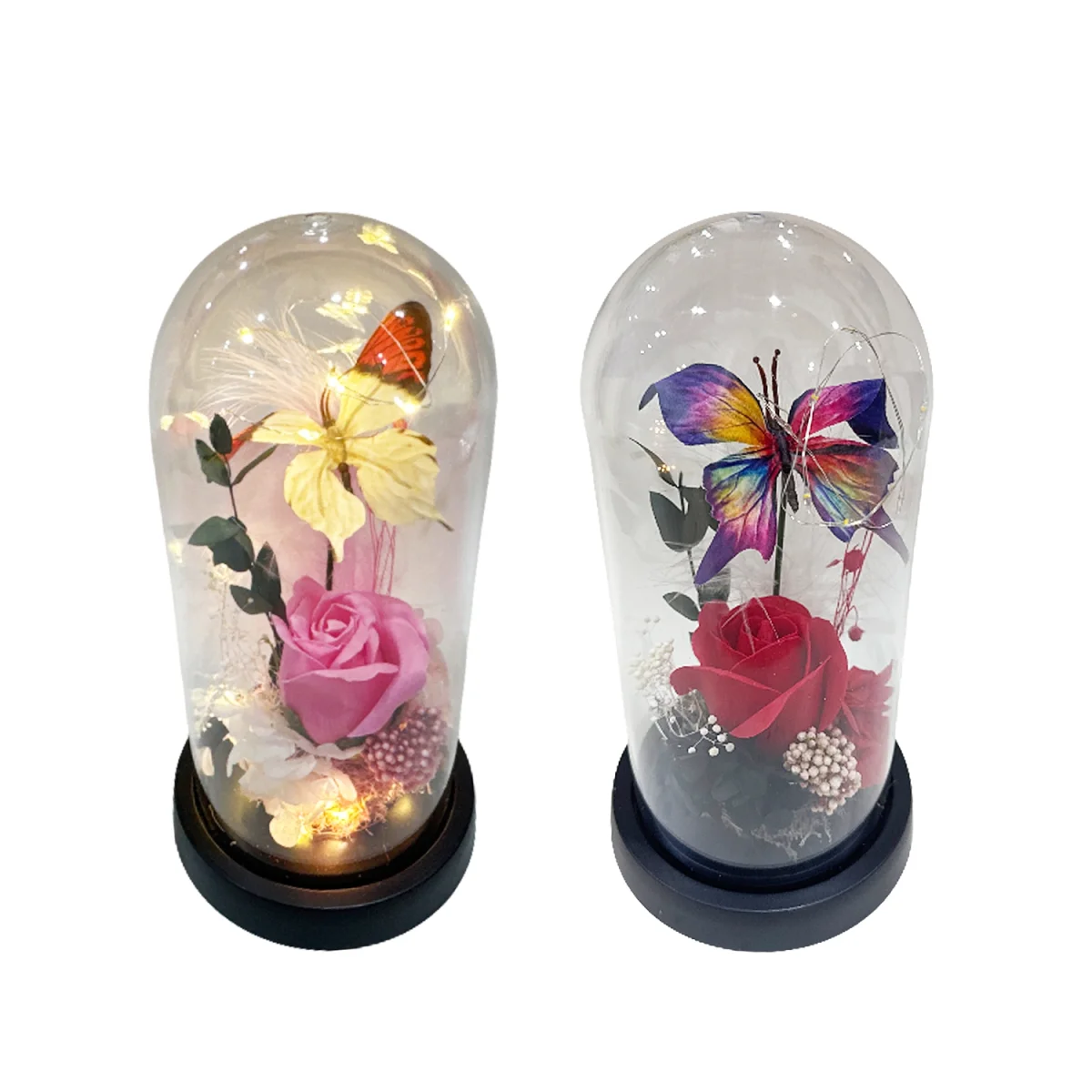 ROSA ARTIFICIAL Y MARIPOSA CON LUZ ENCAPSULADA (PILAS)