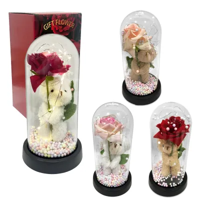 ROSA ARTIFICIAL CON OSO Y LUZ ENCAPSULADA (PILAS),