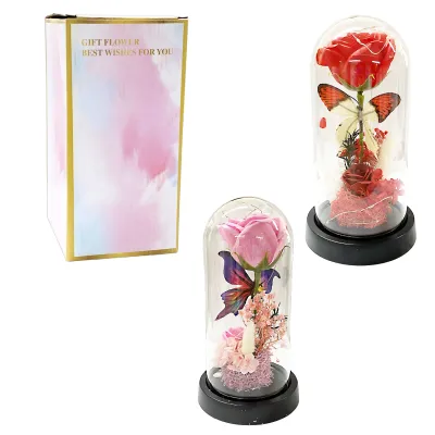 ROSA ARTIFICIAL Y MARIPOSA CON LUZ ENCAPSULADA (PILAS),