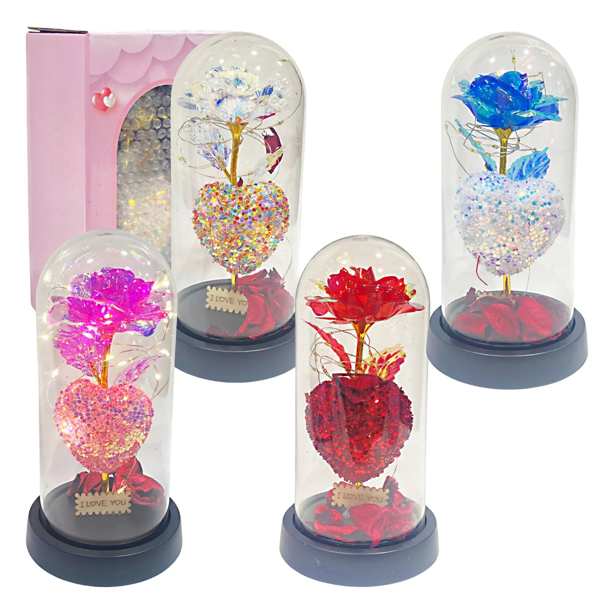 ROSA Y CORAZON BRILLANTE CON LUZ ENCAPSULADA (PILAS)