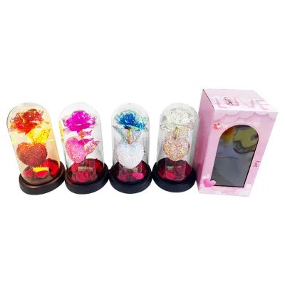 ROSA Y CORAZON BRILLANTE CON LUZ ENCAPSULADA (PILAS)