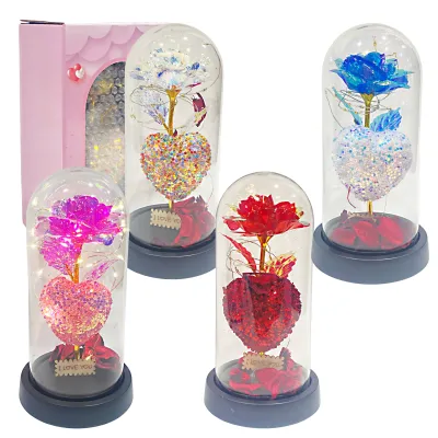ROSA BRILLANTE CON CORAZON Y LUZ ENCAPSULADA (PILAS)