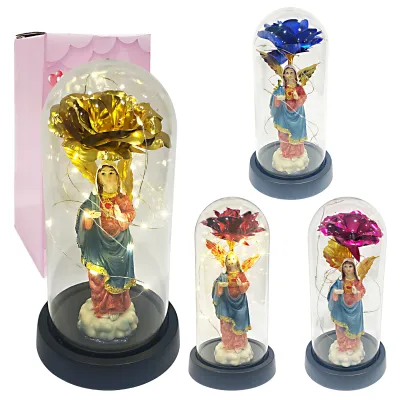 ROSA BRILLANTE CON FIGURA RELIGIOSA Y LUZ ENCAPSULADA (PILAS)