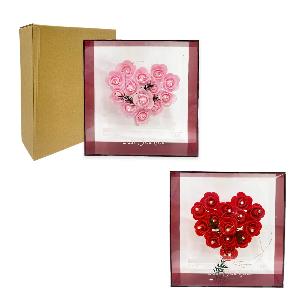 CORAZON FLORES ARTIFICIALES CON LUZ EN CAJA CRISTAL