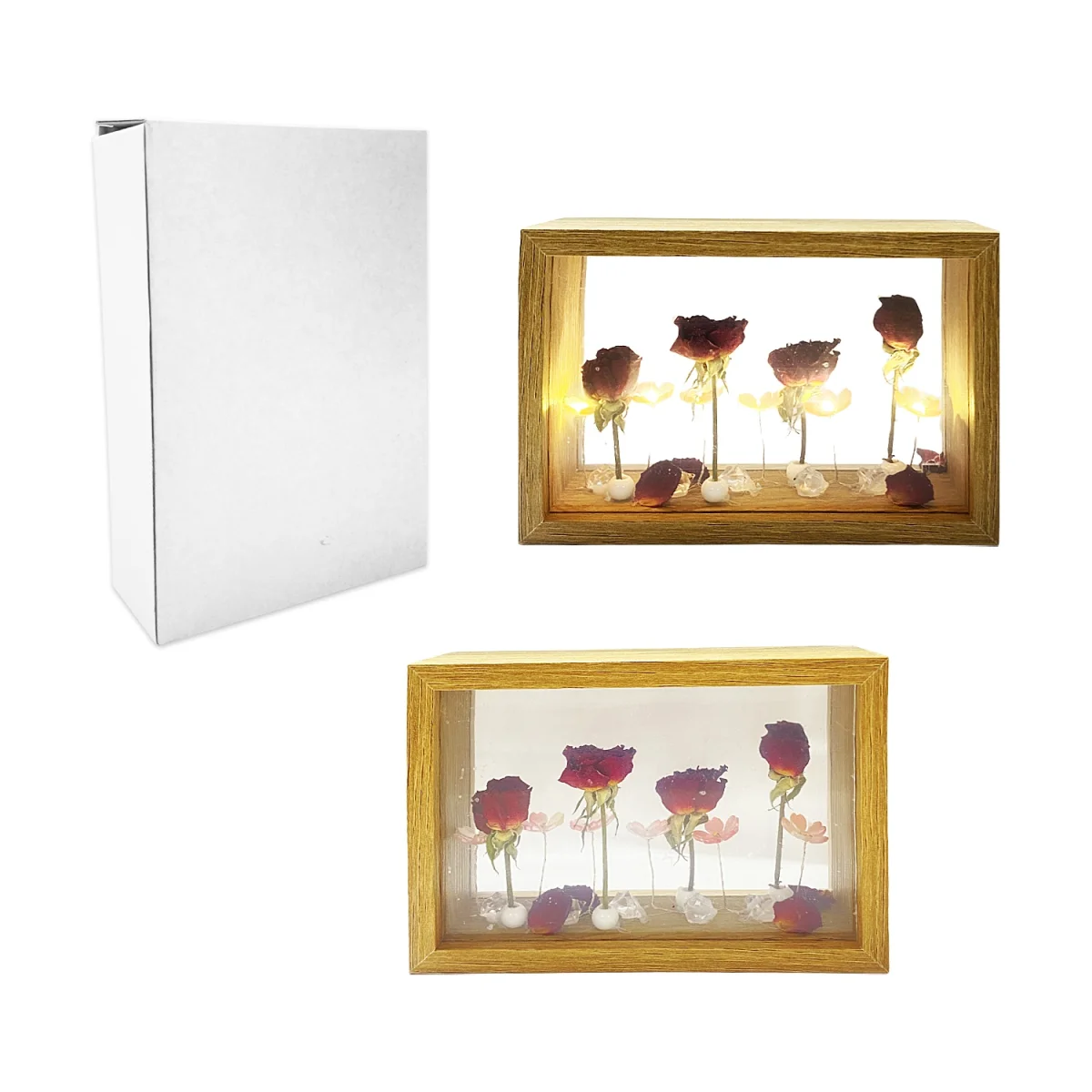 ROSAS ARTIFICIALES CON LUZ EN CAJA MADERA