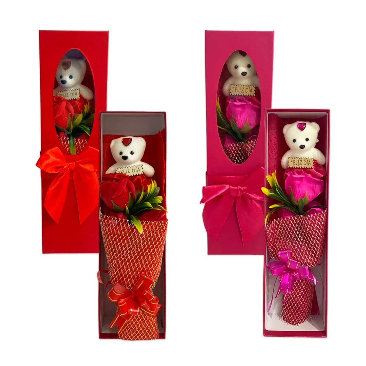 RAMO ROSAS ARTIFICIALES CON OSO EN CAJA,