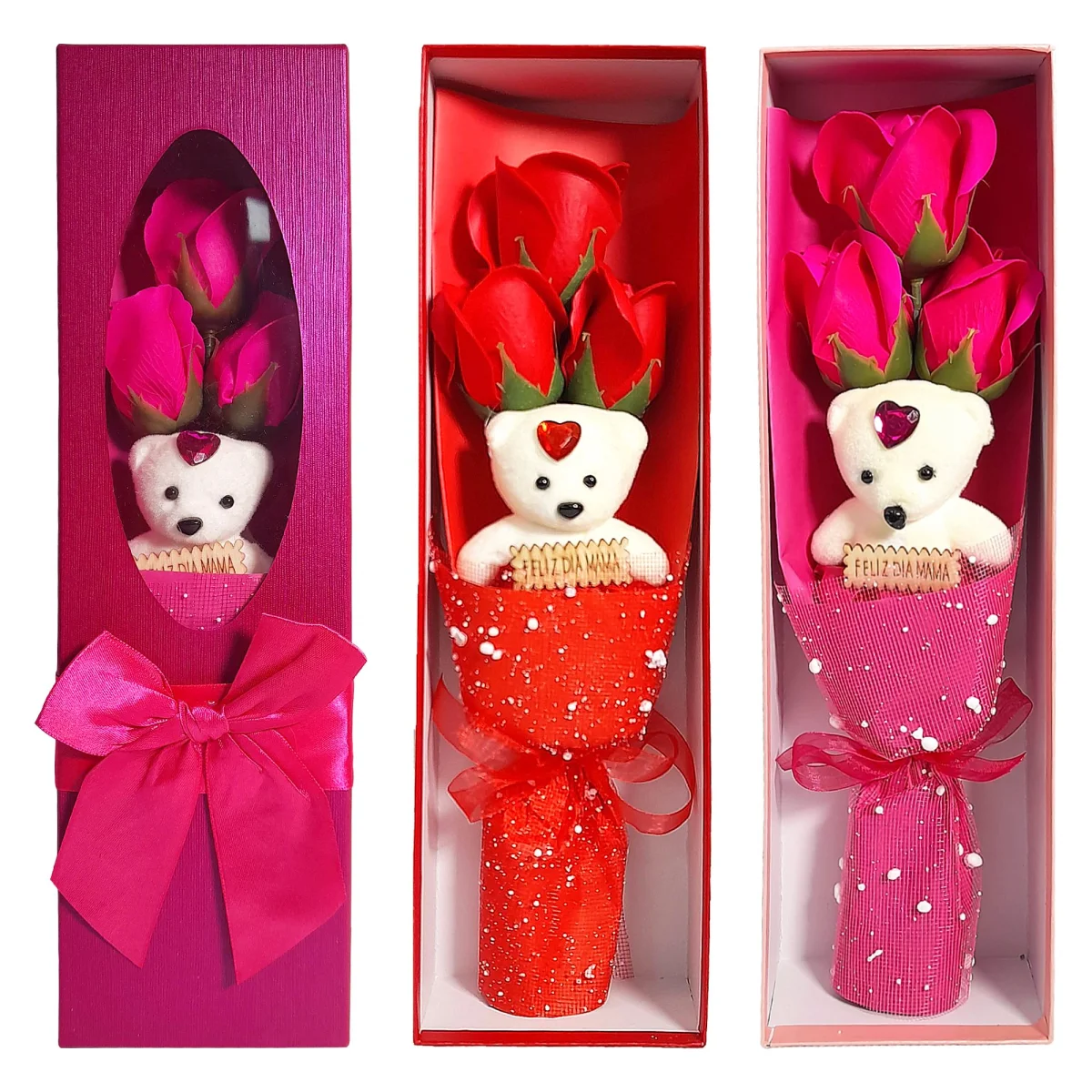 RAMO ROSAS ARTIFICIALES CON OSO EN CAJA