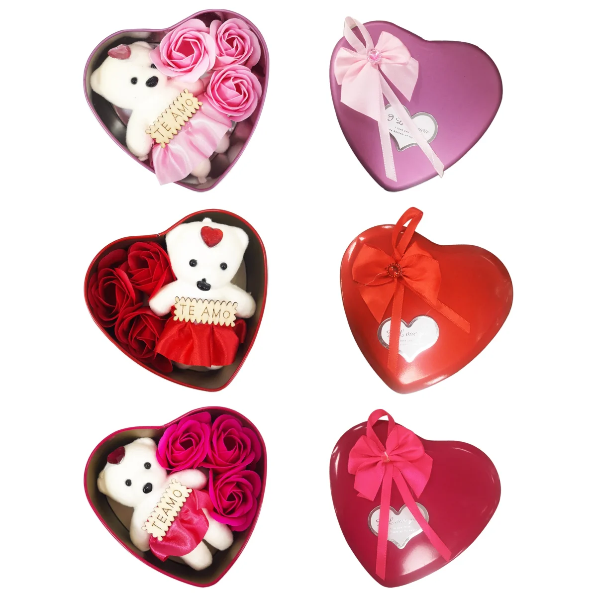 ROSAS ARTIFICIALES CON OSO EN CAJA CORAZON METALICA,