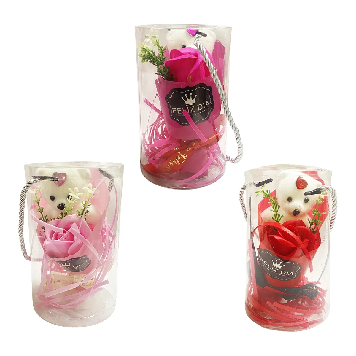 RAMO ROSA ARTIFICIAL CON OSO EN ACETATO,