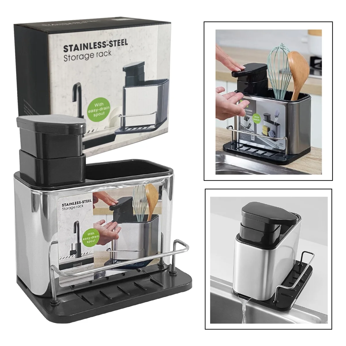 ESCURRIDOR CON DISPENSADOR DE JABON Y PORTA ESPONJA